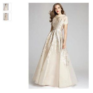 Teri Jon Metallic Jacquard Short-Sleeve Gown - Champagne, NWT, Size 10